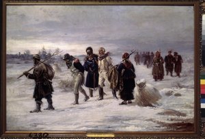 En 1812. (Prisioneros capturados en la Grande Armee de Napoleón caminan sobre la nieve, exhaustos, escoltados por campesinos rusos). Pintura de Illarion Mikhailovich Pryanishnikov (1840-1894), óleo sobre lienzo de Illarion Mikhailovich Pryanishnikov