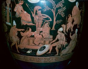 Crátera de volutas de figuras rojas griegas con escena del saqueo de Troya de Illupersis Painter