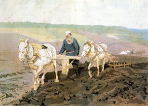 El conde Tolstoy arando - según la pintura de Repine de Ilya Efimovich (after) Repin