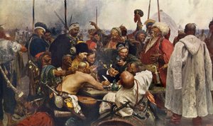 La respuesta de los cosacos de Zaporogues al sultán Mehmet IV (Muhammad, Mehmet, Mehmed, Mahmoud) de Turquía Grabado del siglo XIX según una pintura de Ilya Repine. Cosacos rusos enviando un mensaje de odio al ejército turco de Constan