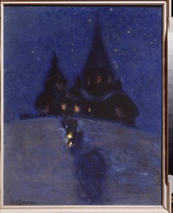 Iglesia de Kuokkala (o Repino, Rusia) en la noche de Navidad. Pintura de Yuri Ilyich Repin (Yuri Repine) (1877-1954), óleo sobre madera, alrededor de 1910. Arte ruso, siglo XX. I. Penates del Museo Memorial Repin, San Petersburgo. de Ilya Efimovich Repin