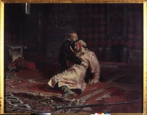 Iván IV el Terrible (1530-1584) abraza a su hijo Iván Ivanovich (1554-1581) a quien acaba de herir de muerte durante una discusión, viernes 16 de noviembre de 1581. Pintura de Ilya Yefimovich Repin (Ilia Repin) (1844-1930) , óleo sobre lienzo de Ilya Efimovich Repin