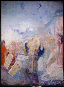 Moisés y los Diez Mandamientos. Detrás de él, el Becerro de Oro. Pintura de Yuri Ilyich Repin (Yuri Repine) (1877-1954), óleo sobre lienzo, ca. 1930. Arte ruso, siglo XX, arte moderno. I. Penates del Museo Memorial Repin, San Petersburgo. de Ilya Efimovich Repin