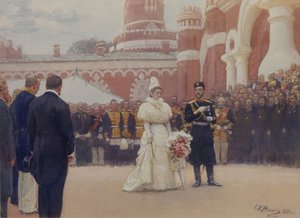 Nicolás II recibiendo a los ancianos del distrito rural el 18 de mayo de 1896 en el patio del Palacio Petrovsky en Moscú, 1897 de Ilya Efimovich Repin