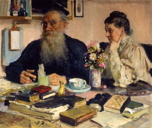 El autor Leo Tolstoy con su esposa en Yasnaya Polyana, 1907 de Ilya Efimovich Repin