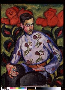 Retrato de un niño con camisa y flores. Pintura de Ilya Ivanovich Mashkov (Ilia Machkov, Matchkov) (1881-1944), óleo sobre lienzo