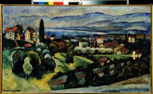 Vista de la ciudad de Nervi (Italia). Descripción del paisaje y de la pequeña ciudad en la costa de la Riviera italiana, cerca de Génova, en verano. Pintura de Ilya Ivanovich Mashkov (Ilia Machkov, Matchkov) (1881-1944), óleo sobre lienzo. de Ilya Ivanovich Mashkov