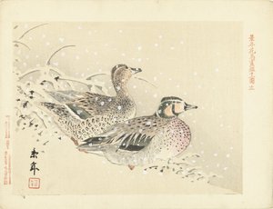 Par de patos en la nieve. Bocetos de flores y pájaros de Keinen (título de la serie) Keinen kacho gafu (título de la serie sobre el objeto)