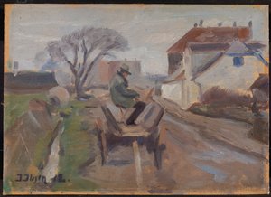 El pintor Ølund Hansen sentado en un carro pintando de Immanuel Ibsen