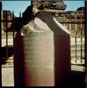 (Detalle) del pilar del emperador Ashoka c.264-223 a.C. con un edicto grabado, Maurya de Indian