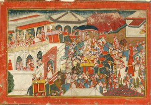 Krishna y Balarama partiendo de un palacio de Indian Art