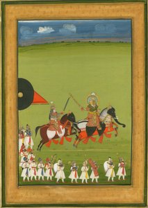 Rajá y su hijo en caballos disfrazados de elefantes, y suite de asistentes, c. 1810