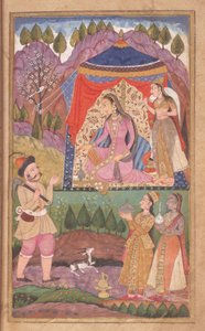 Folio 138 Farhad cuenta sus aventuras a la Princesa Shirin, del Khusrau y Shirin, Escuela Deccani, 1722 de Indian School