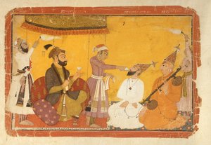 Gosain Narayan toma veneno en presencia del Emperador Jahangir, Nurpur, Escuela Pahari, 1725