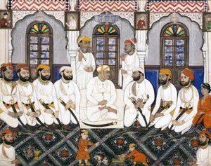 Un raja de Jaipur vestido para el culto en durbar de Indian School
