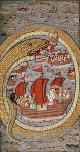 Una serpiente monstruosa devorando la flota real, c.1670-1690 de Indian School