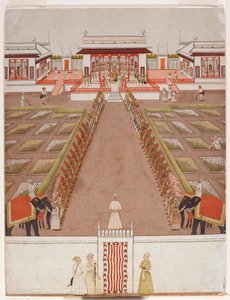 Un nawab celebrando corte dentro de un pabellón, más allá de una avenida de retenedores y dos elefantes de Indian School