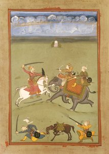 Un príncipe luchando contra sus enemigos en un elefante, c.1710 de Indian School