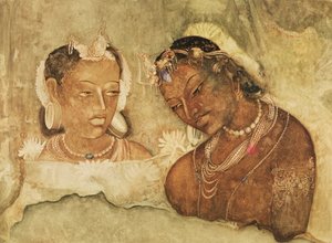 Una princesa y su sirviente, copia de un fresco de las cuevas de Ajanta, India de Indian School