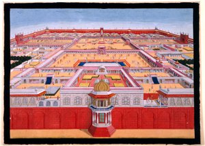 Vista aérea del Fuerte Rojo de Delhi desde el este, mostrando a un emperador, probablemente Shah Alam (1759-1806) entrando en el Diwan-i-Khas a la derecha, c.1780-90 (acuarela opaca)) de Indian School