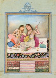 Una niña tocando el tambur mientras su compañera escucha, c.1660 de Indian School