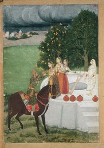 Un príncipe montado recibiendo agua de damas en un pozo, miniatura de Murshidabad de Indian School