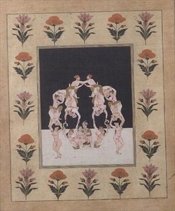 Una pareja de amantes sentados en un columpio compuesto por otros amantes entrelazados, c.1830 de Indian School