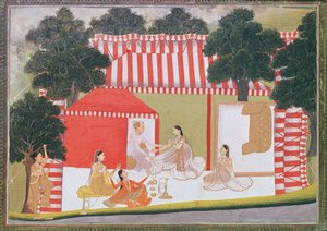 Un príncipe tratando de arrastrar a una dama a su tienda; una criada y amigos observan sorprendidos, c.1760 de Indian School