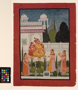 Un raja en una terraza con su rani, atendido por tres mujeres, finales del siglo XVIII de Indian School