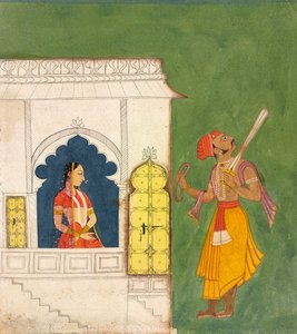Una mujer mirando a un guerrero, c.1680 de Indian School