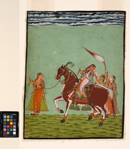 Una mujer a caballo con tres asistentes, c.1735 de Indian School