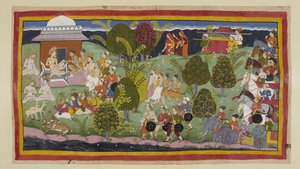 Add 15296 (1) f.105r, Los dos príncipes, los brahmanes y los ministros se acercan a pie a la ermita de Bharadva ja, con las tres reinas a distancia sobre el horizonte seguidas por sus literas. El ejército con sus elefantes y carros espera detrás. en el l de Indian School