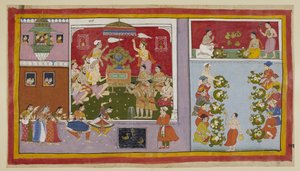 Add 15296 (1) f.106r, A través de sus poderes mágicos, Bharadvaja ha conjurado un palacio en un terreno de recreo para el entretenimiento y refrigerio de sus invitados. Bharadvaja y los demás ascetas y brahmanes se sientan en la sala del trono, mientras lo de Indian School