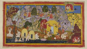 Add 15296 (1) f.111r, Mientras tanto, todo está en paz con los exiliados en su morada en la montaña Citrakuta. Rama señala sus bellezas Sita - las muchas variedades de hermosos árboles y pájaros, las rocas coloreadas con gemas y minerales, y el río Mandaki