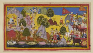 Add 15296 (1) f.112r, El tumulto del ejército que se acerca ha alarmado a Rama, y le dice a Laksmana que se suba a un árbol para averiguar qué está causando el estruendo. Laksmana sube a un árbol sala en flor y reconoce a lo lejos el estandarte de Bharata  de Indian School