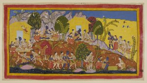 Add 15296 (1) f.114r, En la parte superior del centro, Bharata y Shatrughna se arrojan a los pies de Rama, quien abraza a sus hermanos menores y huele las cabezas de Sitaeir. Rama los toma en su regazo mientras pregunta por su bienestar y el de su padre, y de Indian School
