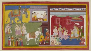 Add 15296 (1) f.11r, Dasaratha, entronizado en durbar, les dice a los brahmanes Vasistha y Vamadeva ya su ministro Sumantra su intención de ceder su trono a Rama como regente; a la izquierda, estos tres convocan a Rama y Laksmana. Arriba, cuatro brahmanes  de Indian School
