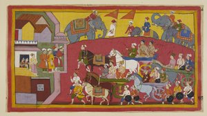 Add 15296 (1) f.128r, Los carros de Vasistha y los príncipes, asistidos por varios ministros y personas, entran en la ciudad de Nandigrama. de Indian School