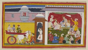 Add 15296 (1) f.12r, Sumantra lleva a Rama y Laksmana en un carro al salón durbar de Dasaratha, con una mujer mirando desde arriba a través de un jharokha. El rey saluda a Rama, le informa de su decisión y lo sienta en un pequeño trono a su lado mientras e de Indian School