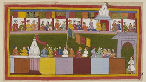 Add 15296 (1) f.17r, La misma calle en la ciudad de Ayodhya ahora está completamente decorada, con la gente esperando la procesión. Se cuentan lo sabio que es el rey y lo afortunados que son de tener a Rama como su nuevo protector. de Indian School