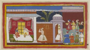 Add 15296 (1) f.27r, Vasistha le ha dicho a Sumantra que le diga al rey que todo está listo, y él le informa a Dasaratha de esto. Kaikeyi le dice, con el consentimiento silencioso de Dasharatha, que vaya a buscar a Rama. Fuera de la entrada del palacio a l