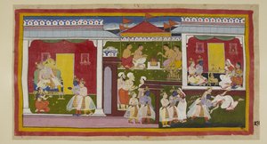 Add 15296 (1) f.34r, Rama acepta su destierro con perfecta ecuanimidad, y él y Laksmana se despiden de Kaikeyi y Dasaratha, quienes con la cabeza baja y la mirada desviada no se atreven a mirar a su hijo. Él y Laksmana abandonan el palacio de Kaikeyi y g de Indian School