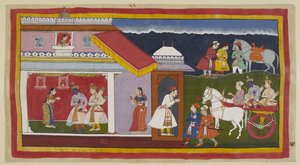 Add 15296 (1) f.41r, Habiendo finalmente persuadido a su madre y hermano para que aceptaran tranquilamente su destino, Rama y Laksmana regresan a su propio palacio en el carro, la cabeza de Rama inclinada en su acostumbrada humildad. Se encuentran con Sita de Indian School