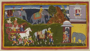 Add 15296 (1) f.4r, Bharata, Shatrughna y su tío, junto con sirvientes y dos caballos a caballo, con elefantes cargados más allá de la línea del horizonte, llegan al palacio del rey de Kekaya, el abuelo materno de Bharata, quien los espera mirando hacia af
