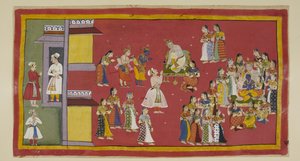 Add 15296 (1) f.50r, Dasharatha había ordenado previamente a Sumantra que convocara a sus reinas y a todas sus esposas, quienes ahora rodean al rey cuando Sumantra trae a los exiliados para despedirse. Dasaratha trata de persuadir a Rama de que no vaya al  de Indian School
