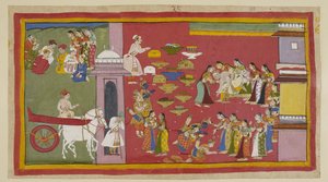 Add 15296 (1) f.53r, A la derecha, al ver a sus hijos ya Sita vestidos con túnicas de corteza, Dasaratha pierde el conocimiento y cae del trono. Los tres exiliados se arrodillan ante las reinas. Sita es abrazada por Kausalya, quien le recuerda innecesariam de Indian School