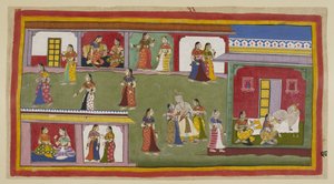 Add 15296 (1) f.58r, El rey es ayudado a regresar a su palacio por sus reinas. Él repudia a Kaikeyi, diciéndole que viva en el palacio como viuda ya que no quiere volver a verla, y Kausalya y Sumitra lo ayudan a acostarse, mientras que las reinas menores m de Indian School