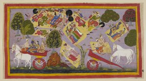 Add 15296 (1) f.61r, Los exiliados han llegado al río Tamasa y pasan la noche en sus orillas, aún rodeados por los afligidos habitantes del pueblo. Sita y Rama yacen durmiendo en un lecho de hierba, mientras Laksmana y Sumantra hablan de las virtudes de Ra de Indian School