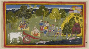 Add 15296 (1) f.63r, Los compañeros han llegado al río Ganga en Srngaverapura Rama y Sita están sentados en una estera de paja debajo de un árbol, que se supone que es un árbol ingudi, mientras que Laksmana y Sumantra están sentados de manera similar frent de Indian School
