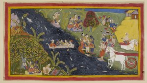 Add 15296 (1) f.66r, Los compañeros han llegado al río Ganges y Guha, el jefe de Nisada, ha venido a saludarlos junto con algunos de su gente de su pueblo cercano. Rama le pide que le proporcione un bote para que puedan cruzar el río. Él le dice a Sumantra de Indian School